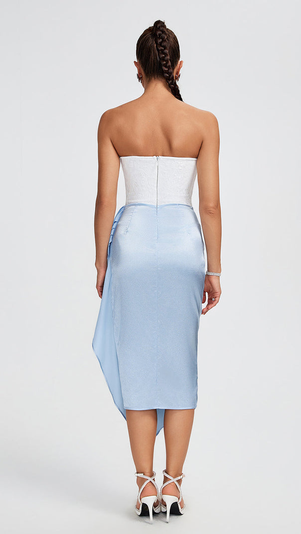 AIIZIE ADORA WHITE BLUE LACE BUSTIER DRAPED MIDI DRESS - product image