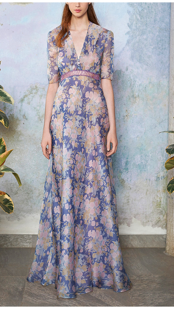 AIIZIE LILAC FLORAL PRINT V - NECK MAXI DRESS WITH LACE BELT - product image