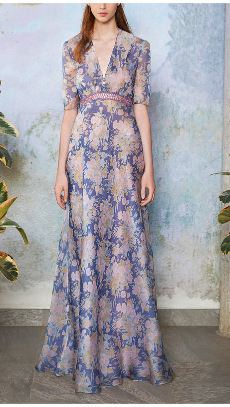 LILAC FLORAL PRINT V - NECK MAXI DRESS WITH LACE BELT