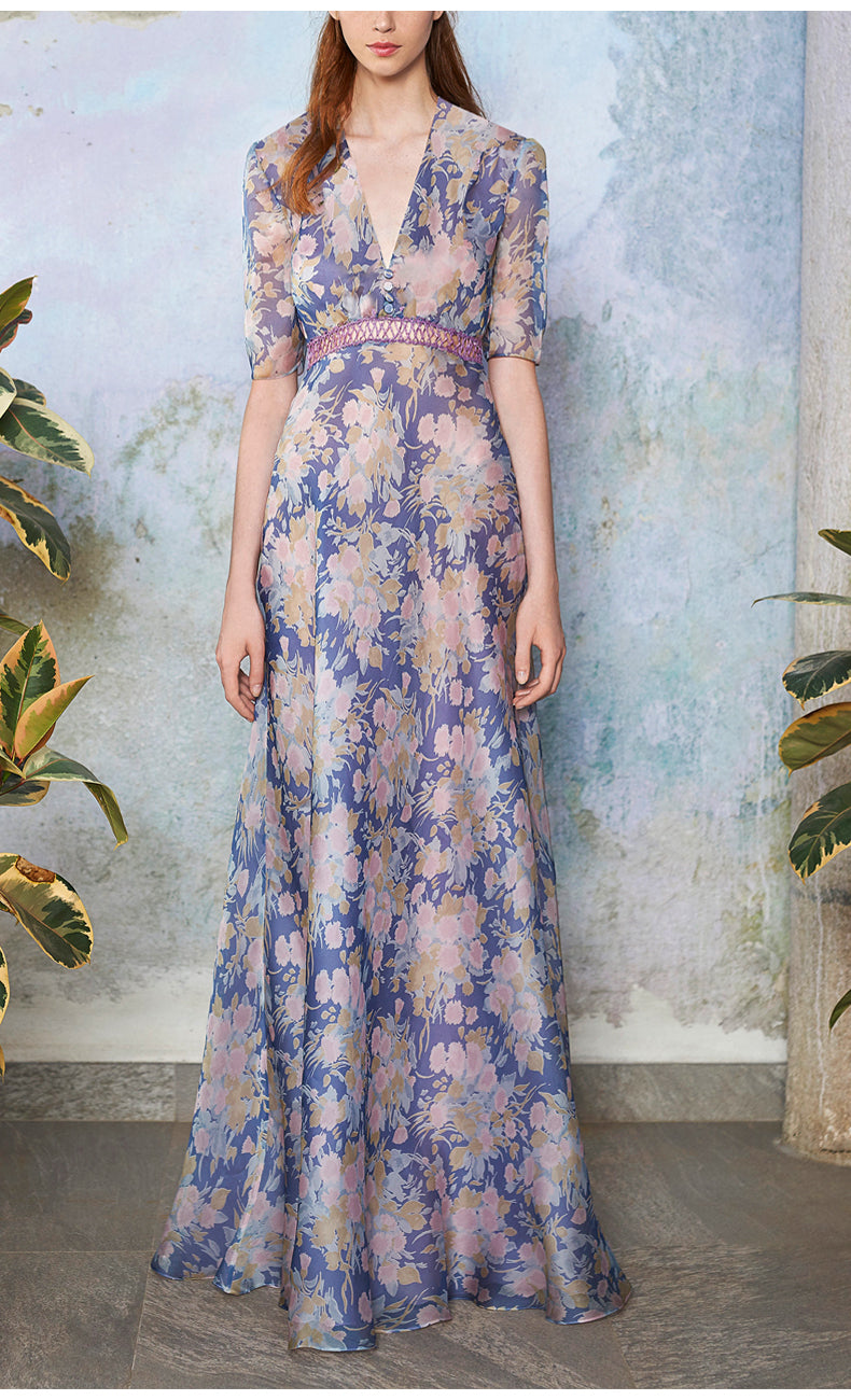 LILAC FLORAL PRINT V - NECK MAXI DRESS WITH LACE BELT