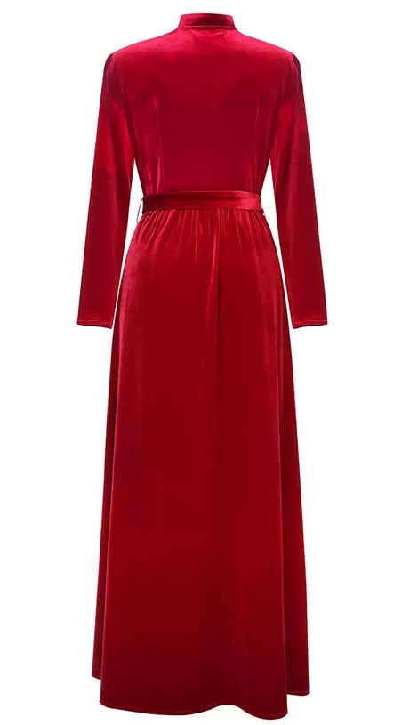 RED VELVET MOCK NECK MAXI DRESS WITH BELT