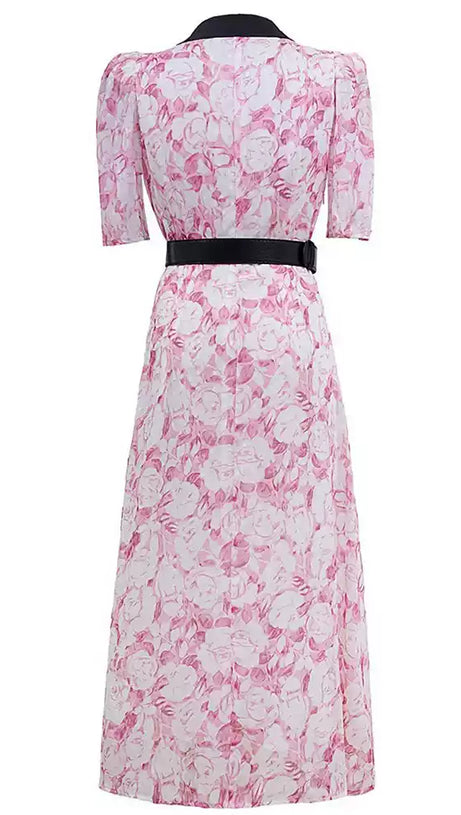 PINK FLORAL PRINT MIDI DRESS WITH CONTRAST COLLAR AND BELT