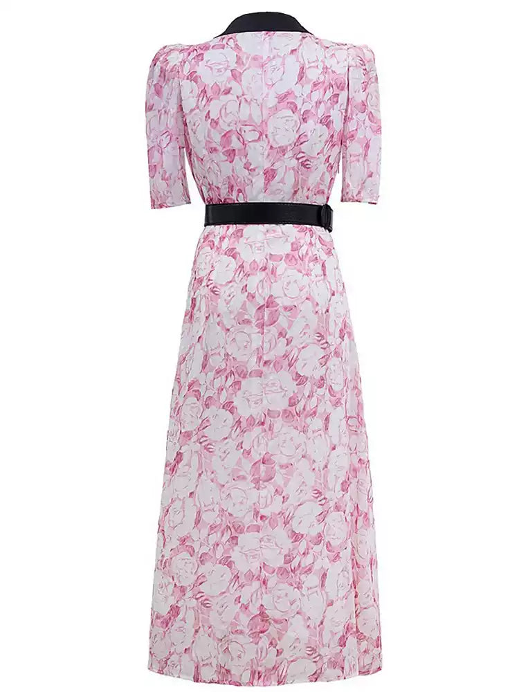 AIIZIE PINK FLORAL PRINT MIDI DRESS WITH CONTRAST COLLAR AND BELT - product image