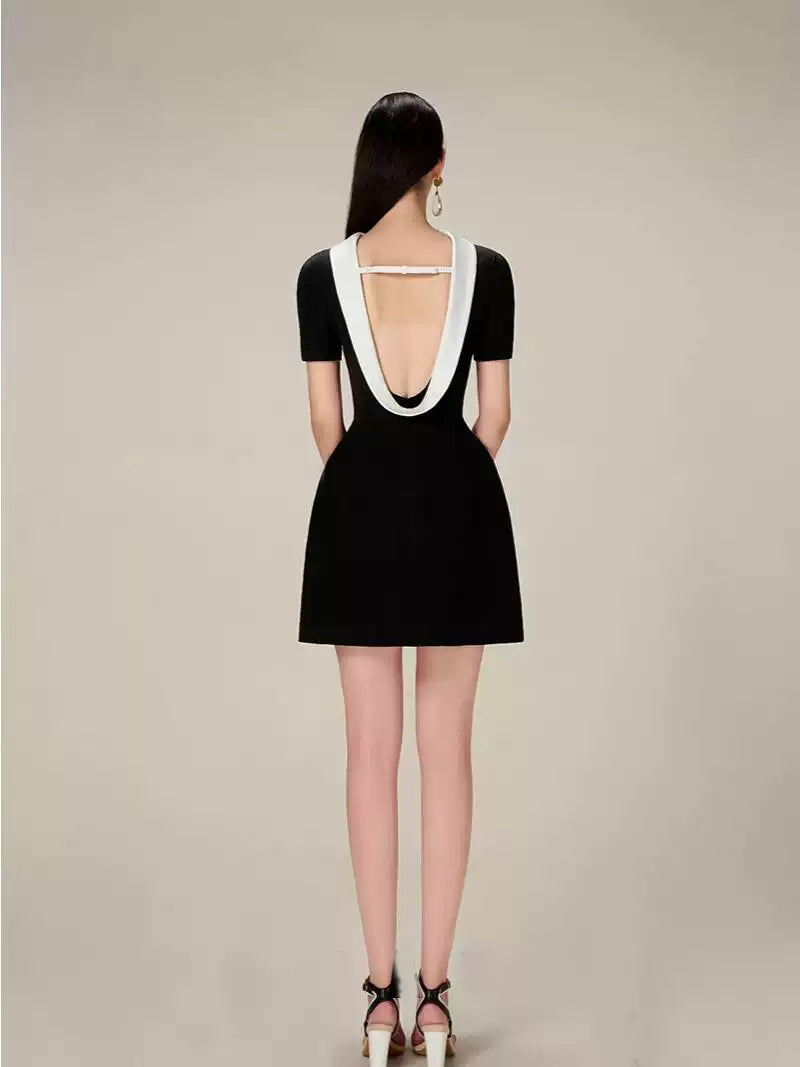 COWL NECK BACKLESS MINI DRESS IN BLACK
