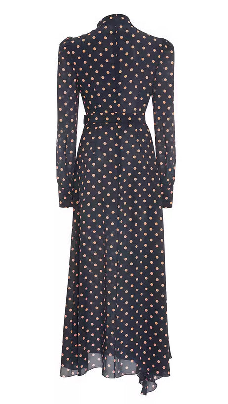 ELEGANT POLKA DOT MIDI DRESS WITH TIE NECKLINE AND BELT
