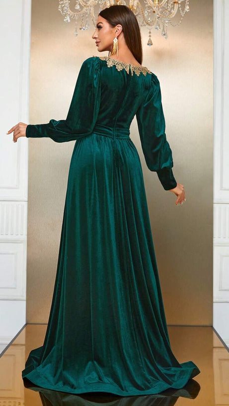 ATHENA VELVET LANTERN SLEEVE MAXI DRESS IN DARK GREEN