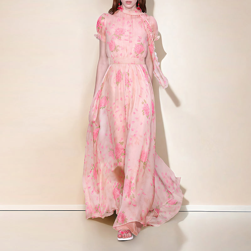 PINK FLORAL CHIFFON MAXI DRESS WITH BOW NECKLINE