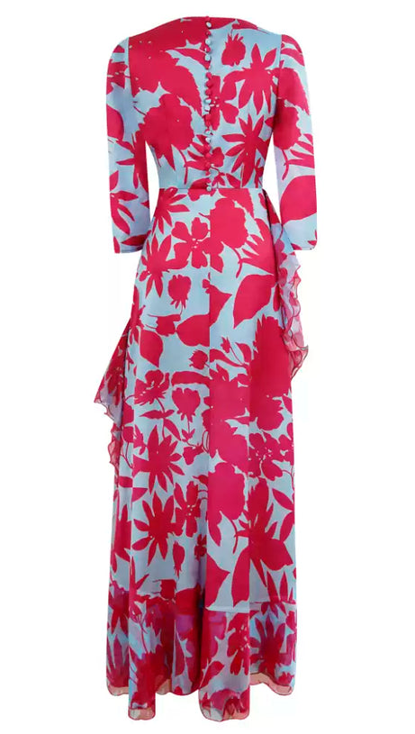 ELEGANT FLORAL WRAP DRESS WITH RUFFLED HEM AND SHEER DETAILS
