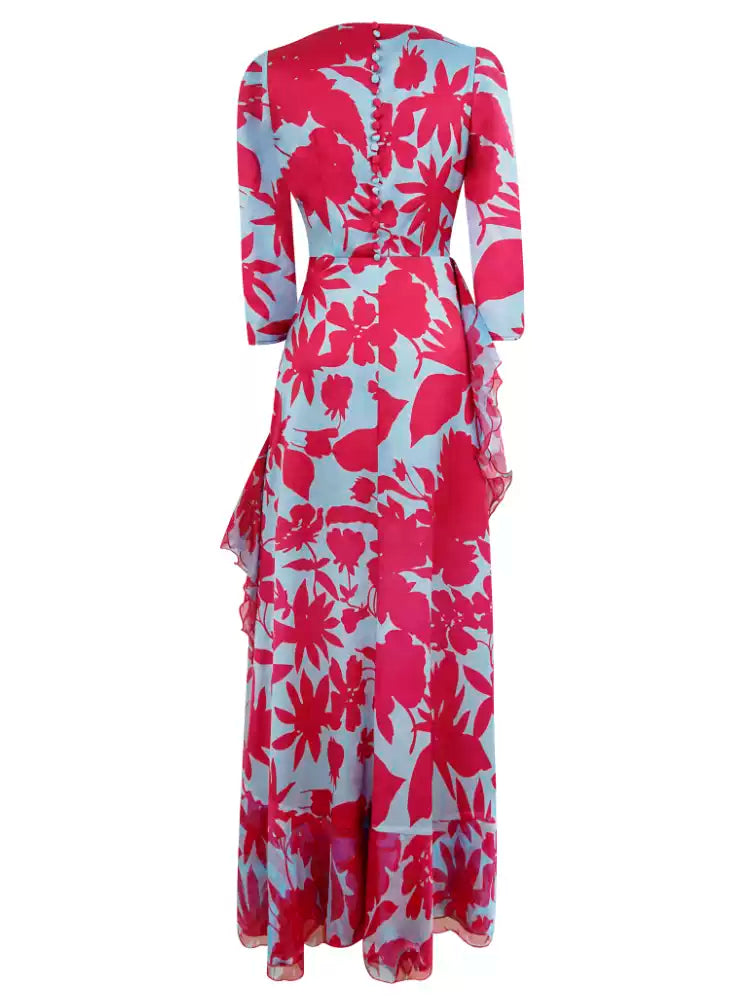 AIIZIE ELEGANT FLORAL WRAP DRESS WITH RUFFLED HEM AND SHEER DETAILS - product image