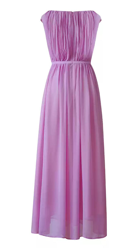 ELEGANT LILAC MAXI DRESS WITH BOW BELT AND PLEATED BODICE
