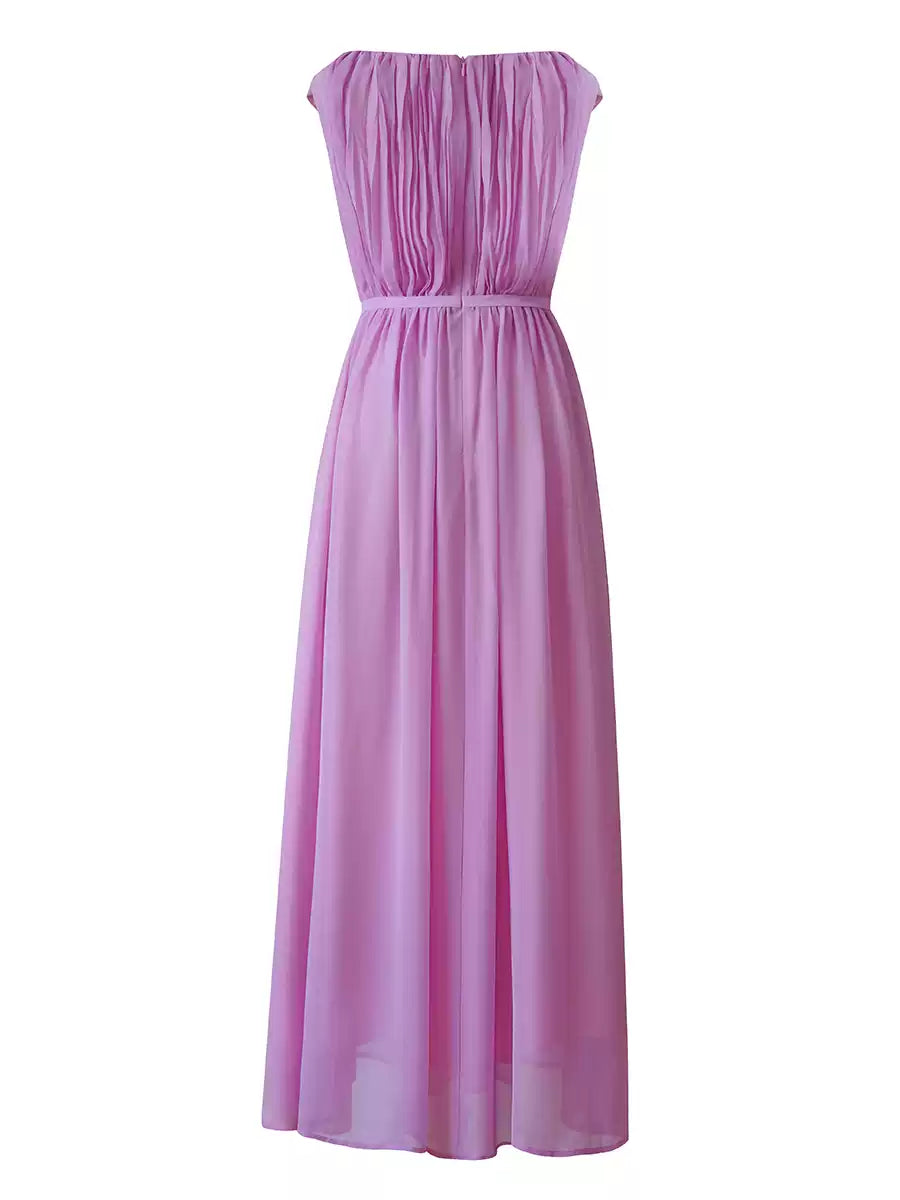 ELEGANT LILAC MAXI DRESS WITH BOW BELT AND PLEATED BODICE