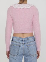 FLUFFY RIBBED-KNIT STRETCH-WOVEN BLEND CARDIGAN IN PINK