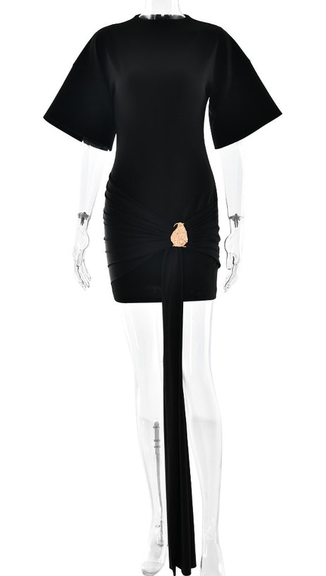 DRAPED EMBELLISHED MINI DRESS - BLACK