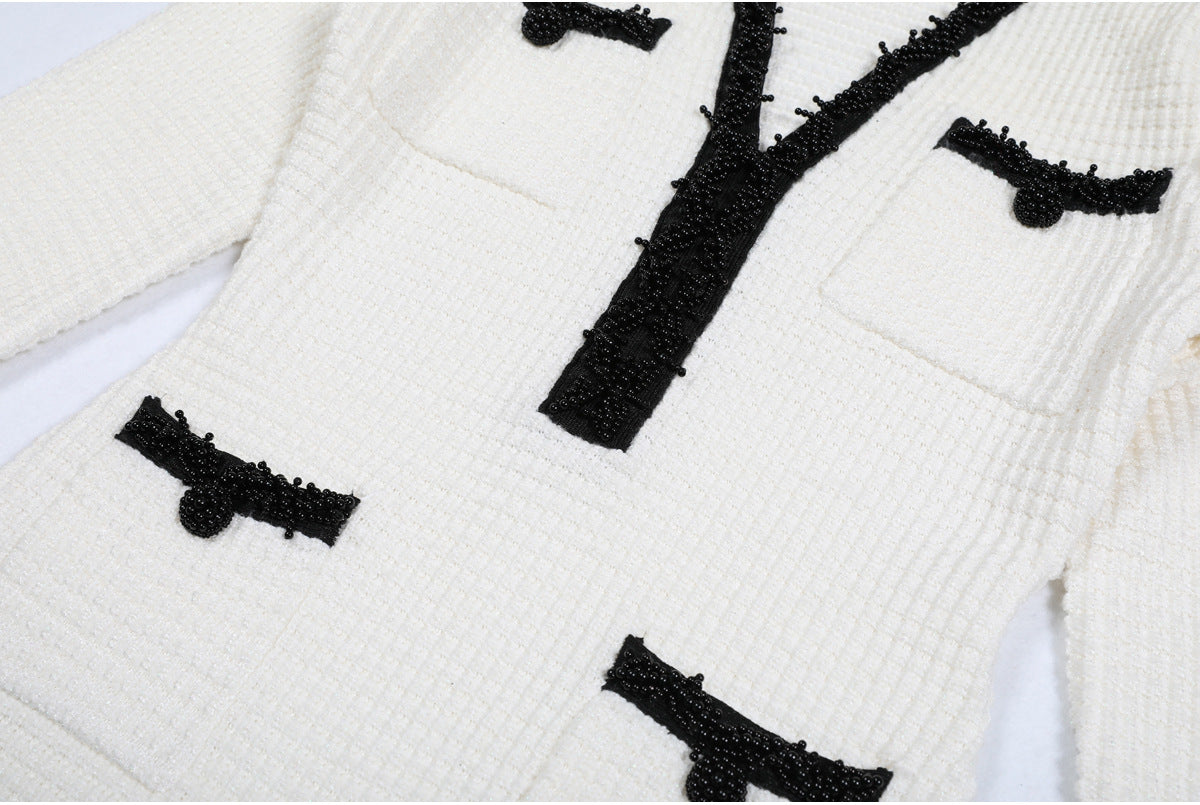 WHITE PEARL TRIM KNIT MINI DRESS