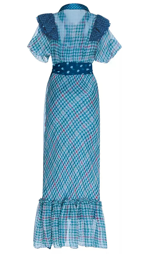 BLUE ELEGANT HOUNDSTOOTH MAXI DRESS WITH POLKA DOT ACCENTS AND RUFFLES