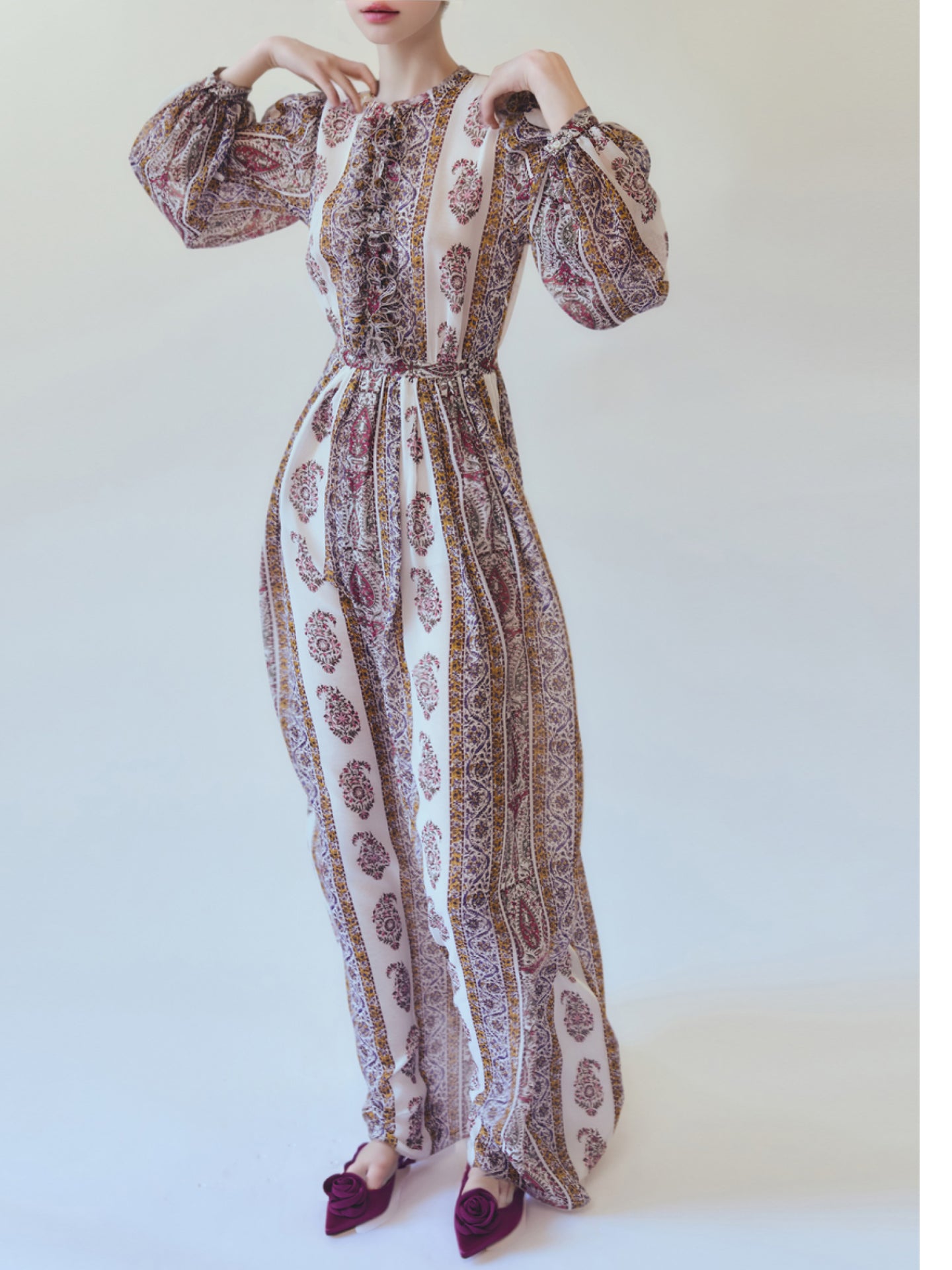 PAISLEY PRINT RUFFLED MAXI DRESS WITH BELTED WAIST
