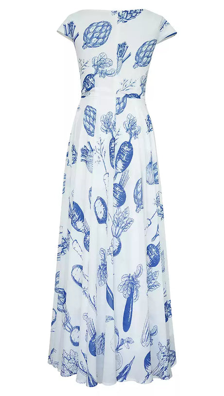 WHITE MAXI DRESS WITH BLUE VEGETABLE PRINTS AND CAP SLEEVES