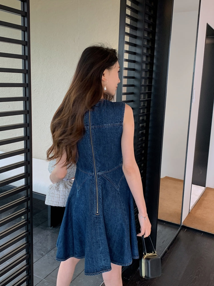 AIIZIE SLEEVELESS FLOWER BUTTON DENIM MINI DRESS IN BLUE - product image
