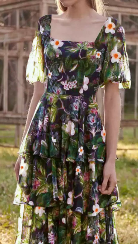 BLACK FLORAL RUFFLE SHORT - SLEEVE MAXI DRESS