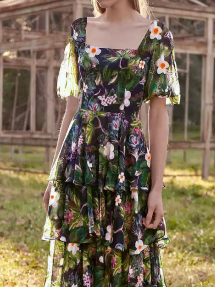 AIIZIE BLACK FLORAL RUFFLE SHORT - SLEEVE MAXI DRESS - product image