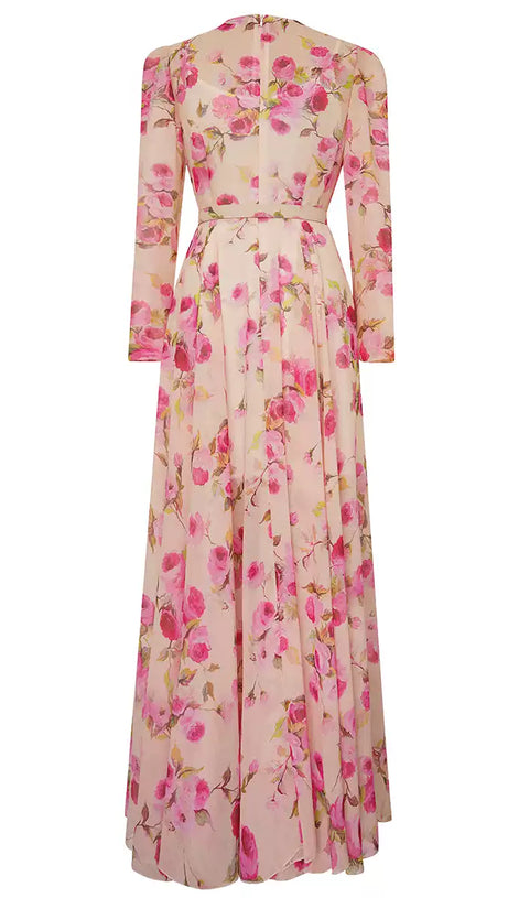 PINK FLORAL CHIFFON MAXI DRESS