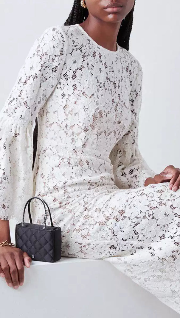 AIIZIE WHITE LACE HOLLOW MIDI DRESS - product image