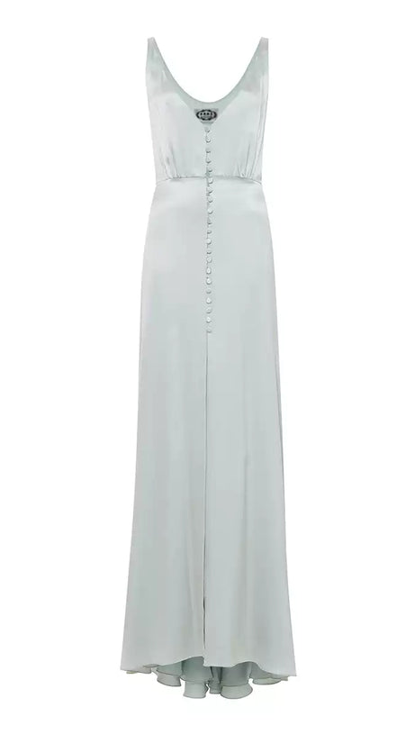 LIGHT GREEN SILK MAXI DRESS WITH BUTTONS AND SLIT