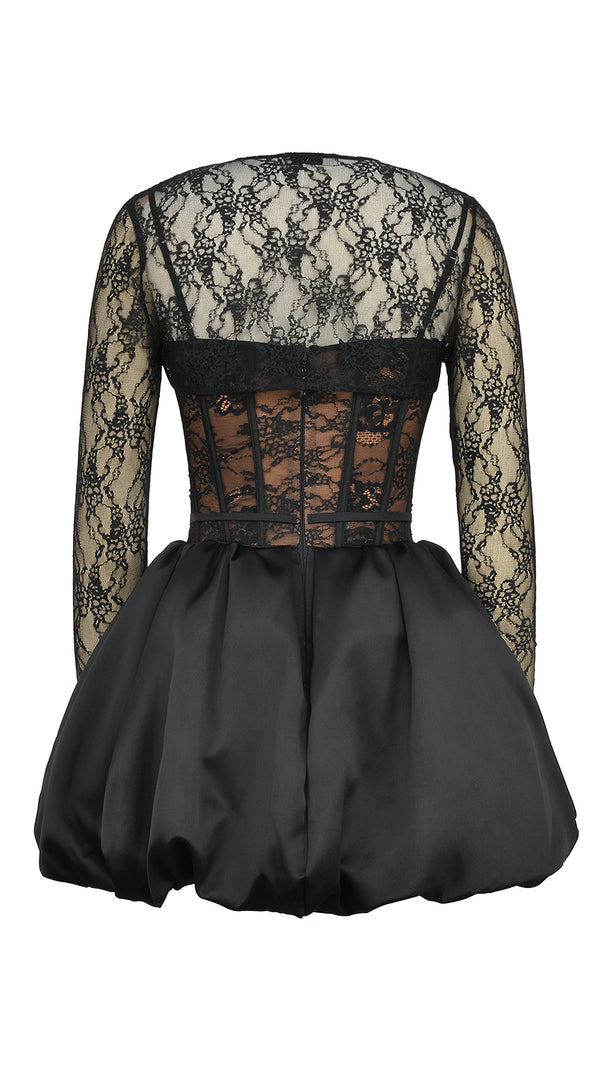 AIIZIE SALLY LACE PUFFBALL MINI DRESS IN BLACK - product image
