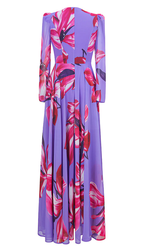 PURPLE FLORAL MAXI DRESS WITH LONG SLEEVES AND V NECK
