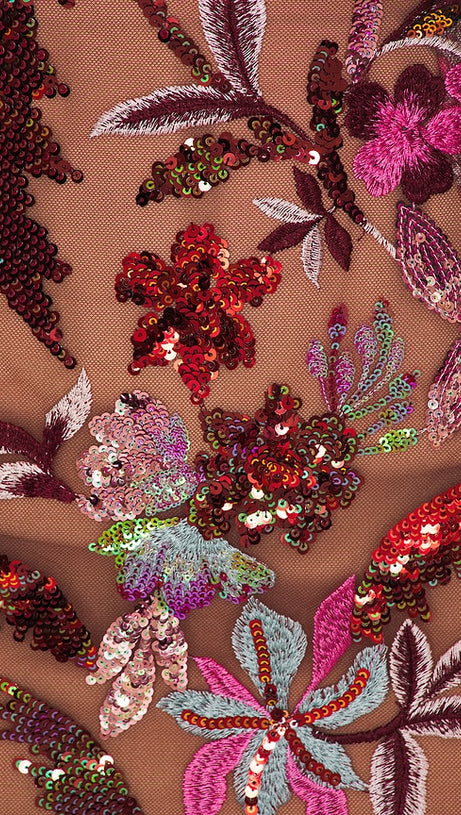 CHACHI RED STRAPLESS FLOWER EMBROIDERY MAXI DRESS