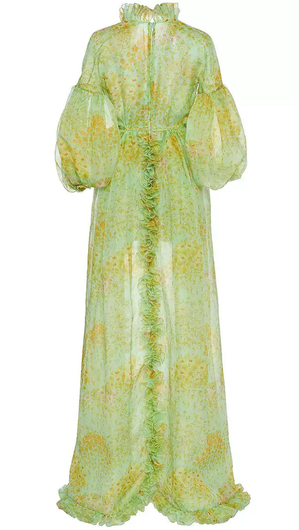 AIIZIE GREEN ELEGANT FLORAL CHIFFON MAXI DRESS WITH RUFFLES AND BELT - product image