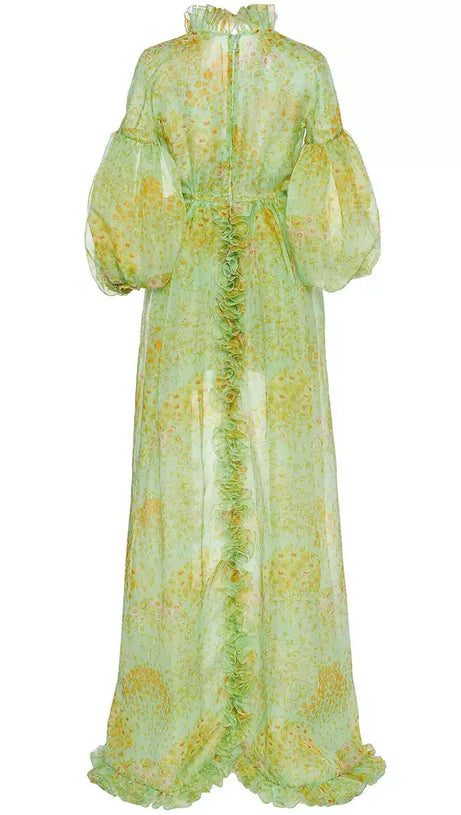 GREEN ELEGANT FLORAL CHIFFON MAXI DRESS WITH RUFFLES AND BELT