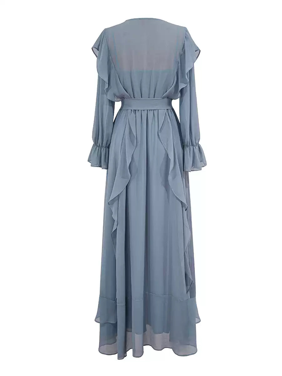 ELEGANT LIGHT BLUE CHIFFON MAXI DRESS WITH RUFFLES AND BELT