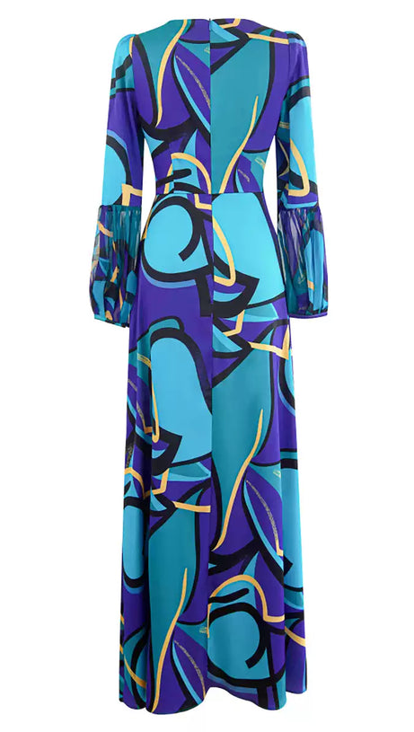 ELEGANT ABSTRACT - PRINTED MAXI DRESS WITH SHEER SLEEVE DETAILS