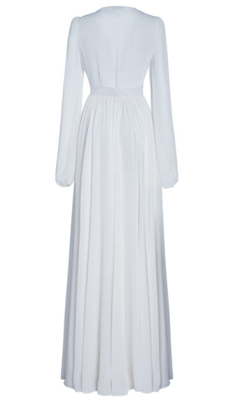 Weißes elegantes Chiffon-Maxikleid mit V-Ausschnitt und langen Ärmeln 