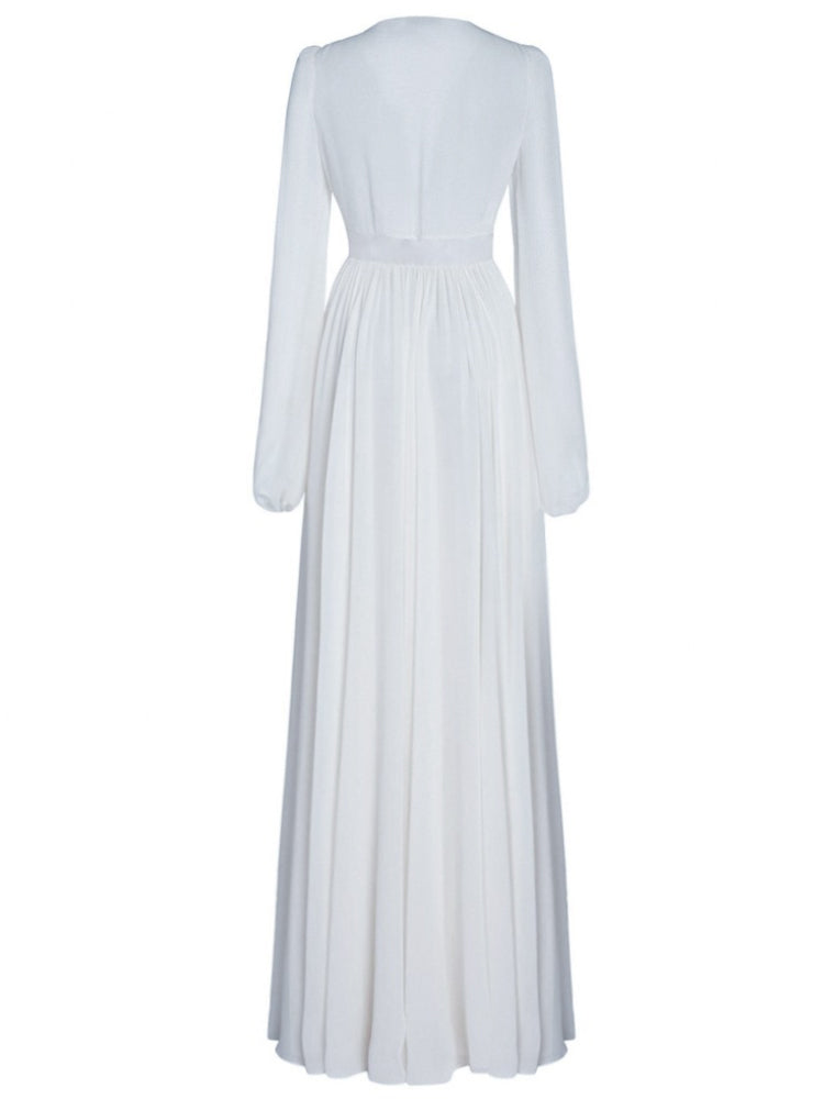 AIIZIE WHITE ELEGANT V - NECK LONG - SLEEVE CHIFFON MAXI DRESS - product image