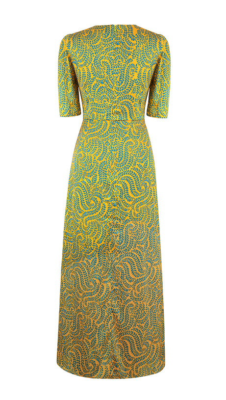 ABITO LUNGO A MANICHE CORTE STAMPATO IN RASO VERDE 