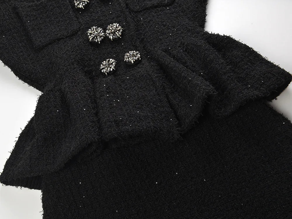 BLACK TEXTURED KNIT PEPLUM MIDI DRESS