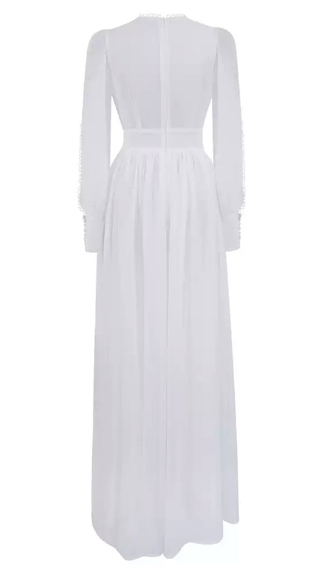 WHITE MAXI JUMPSUIT WITH LONG SHEER SLEEVES AND HIGH NECK