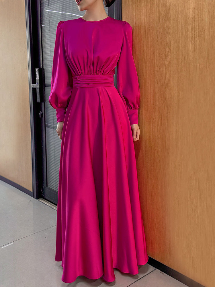 AIIZIE ROSE RED SATIN MAXI DRESS: SLIM - FIT, LUXURY EVENING GOWN FOR GRACE - product image