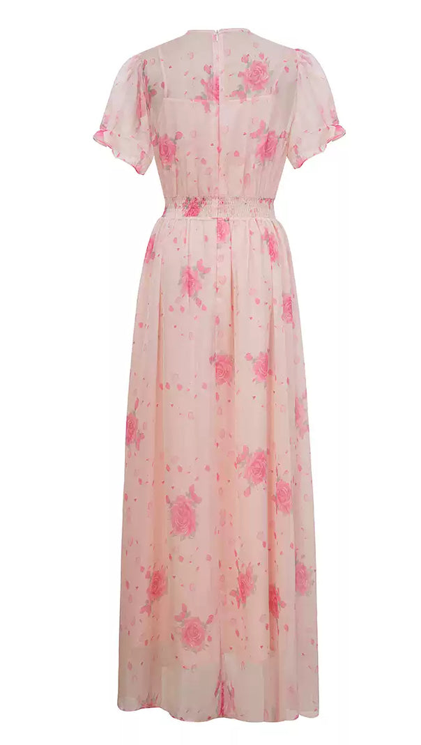 AIIZIE PINK FLORAL CHIFFON MAXI DRESS WITH PUFF SLEEVES AND SCARF NECKLINE - product image