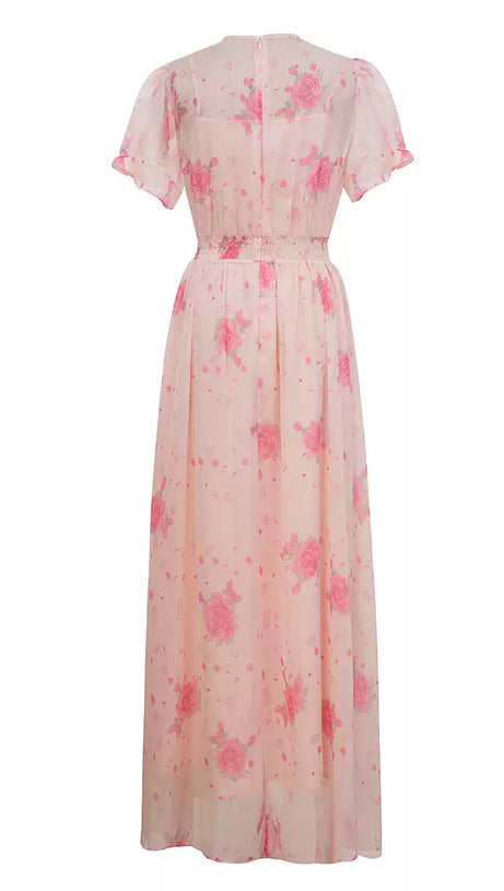 PINK FLORAL CHIFFON MAXI DRESS WITH PUFF SLEEVES AND SCARF NECKLINE
