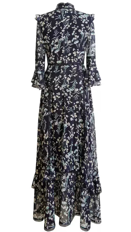 DARK BLUE FLORAL STAND - COLLAR LONG - SLEEVE MAXI DRESS