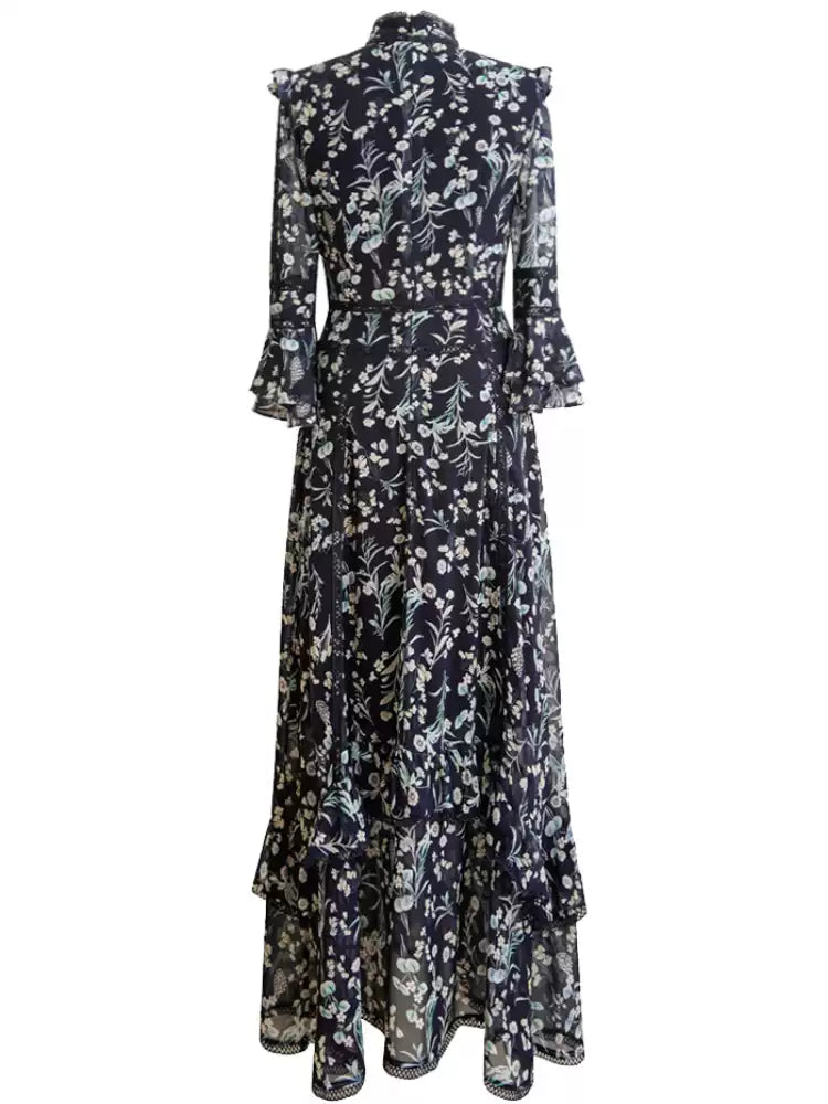 AIIZIE DARK BLUE FLORAL STAND - COLLAR LONG - SLEEVE MAXI DRESS - product image