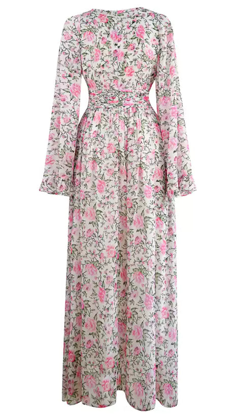 FLORAL PRINT V - NECK MAXI DRESS WITH BELL SLEEVES