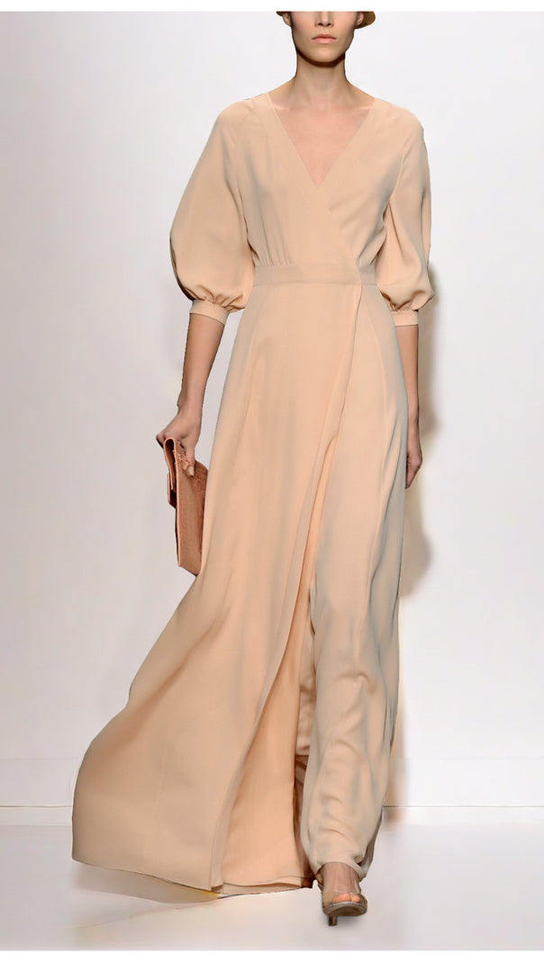AIIZIE BEIGE V - NECK PUFF SLEEVE MAXI DRESS WITH WAISTBAND - product image