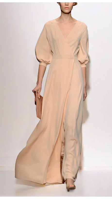 BEIGE V - NECK PUFF SLEEVE MAXI DRESS WITH WAISTBAND