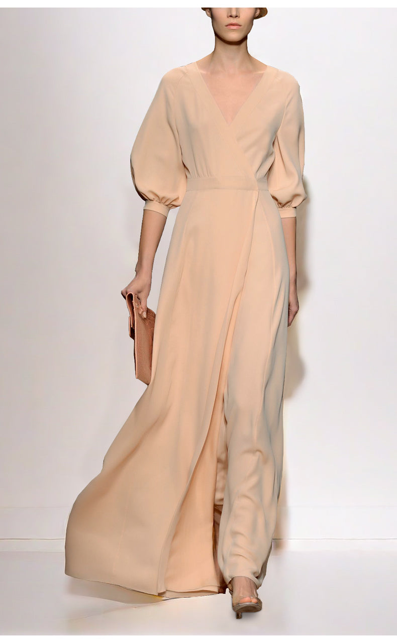 BEIGE V - NECK PUFF SLEEVE MAXI DRESS WITH WAISTBAND