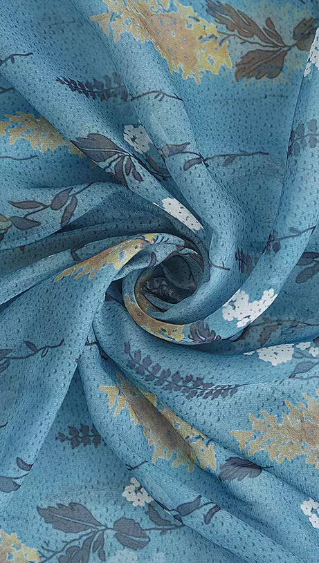 BLUE FLORAL CHIFFON MAXI DRESS WITH TIE - NECK AND BELT