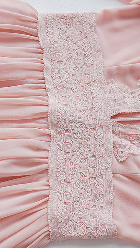 ELEGANT PINK SHEER LACE MAXI DRESS WITH EMBROIDERY